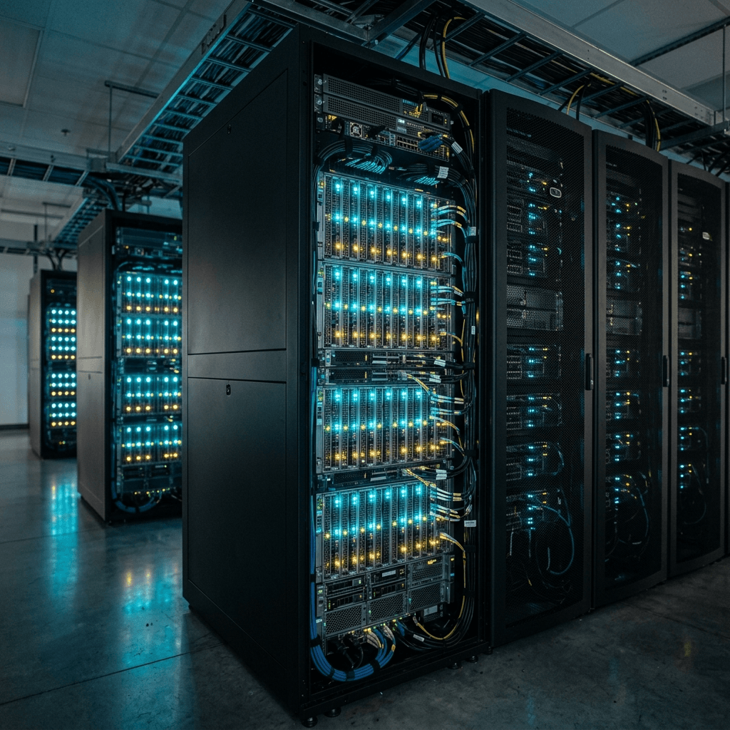 Cinematic photograph of a massive dark high-performance cloud server rack in a secure datacenter rapidly blinking with cyan and gold operational lights.