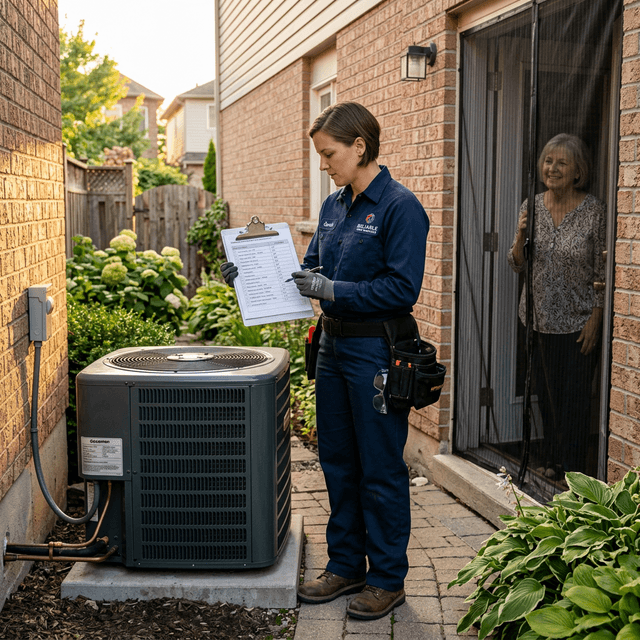 HVAC technician reviewing maintenance checklist on clipboard next to an outdoor AC unit while a smiling homeowner watches from the screen door
