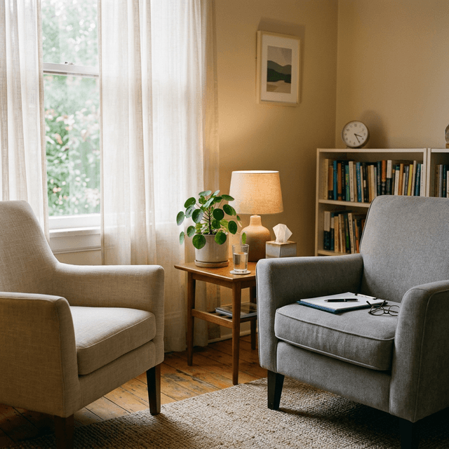 A warmly lit therapist office with two empty chairs facing each other, a notepad on the therapist chair, and natural window light suggesting an appointment that was missed