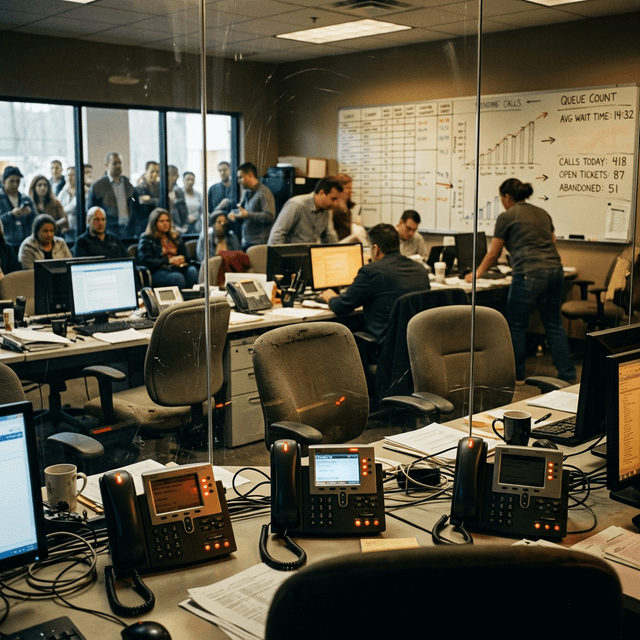 Busy service business office with multiple phones ringing unanswered, empty chairs, and a whiteboard showing abandoned call count of 51
