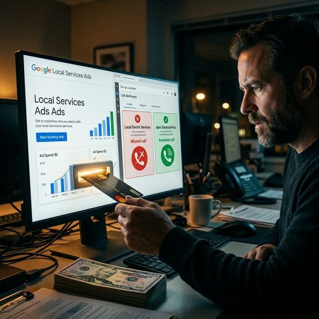 Service business owner at a desk feeding a credit card into a Google Local Services Ads dashboard on a monitor, while a missed call notification and an answered competitor call are both visible on screen.