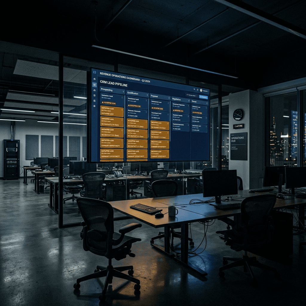 CRM Lead Pipeline displayed on a large screen in a dark empty operations room — amber-highlighted dormant leads representing untouched revenue in US service businesses