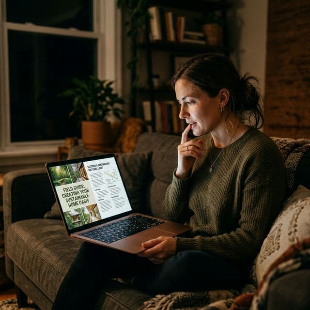 A candid, natural photo of a homeowner late at night, curious and engaged while reading an educational field guide on their laptop.
