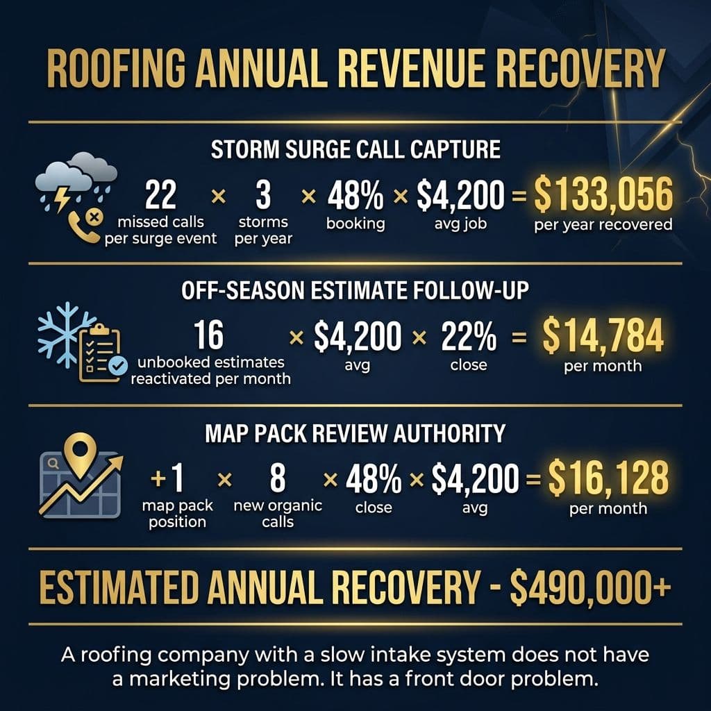 Roofing Annual Revenue Recovery - $490,000+ calculation across storm capture, estimate follow-up, and map pack