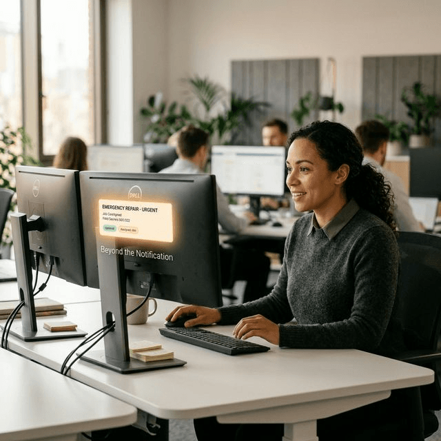 Natural: Professional dispatcher experiencing the relief of automated job entry without a call