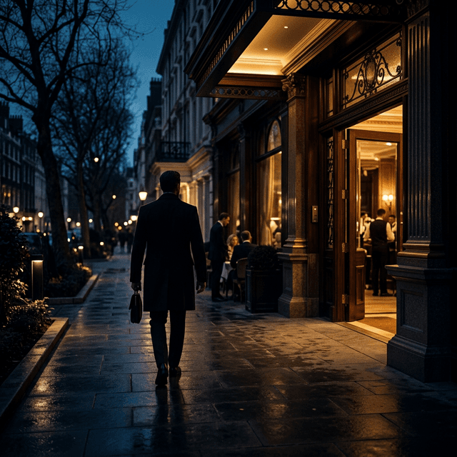 High-net-worth client walking away from a luxury establishment at dusk, representing the silent departure due to trust failures