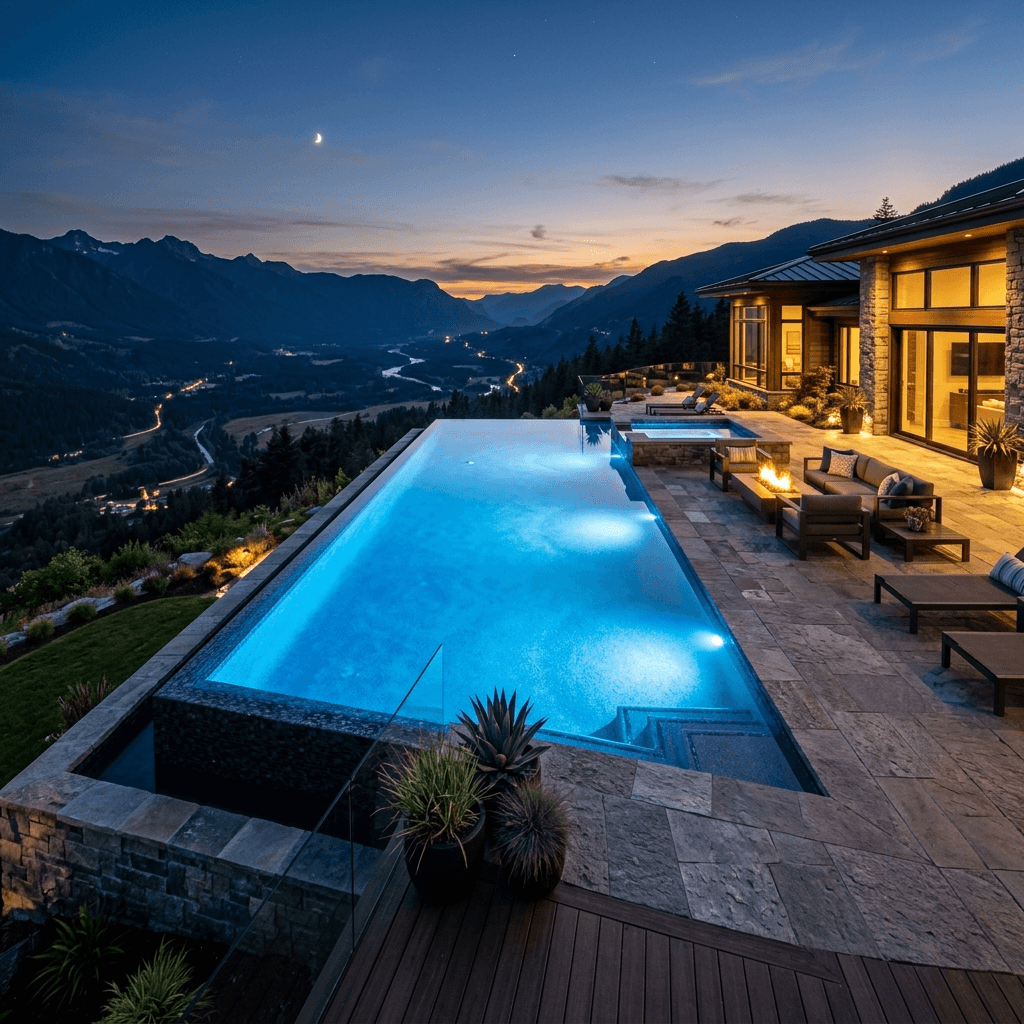 Cinematic wide shot of a breathtaking, $250,000 fully completed luxury infinity pool glowing with underwater LED lighting at dusk, overlooking a vast deep valley.