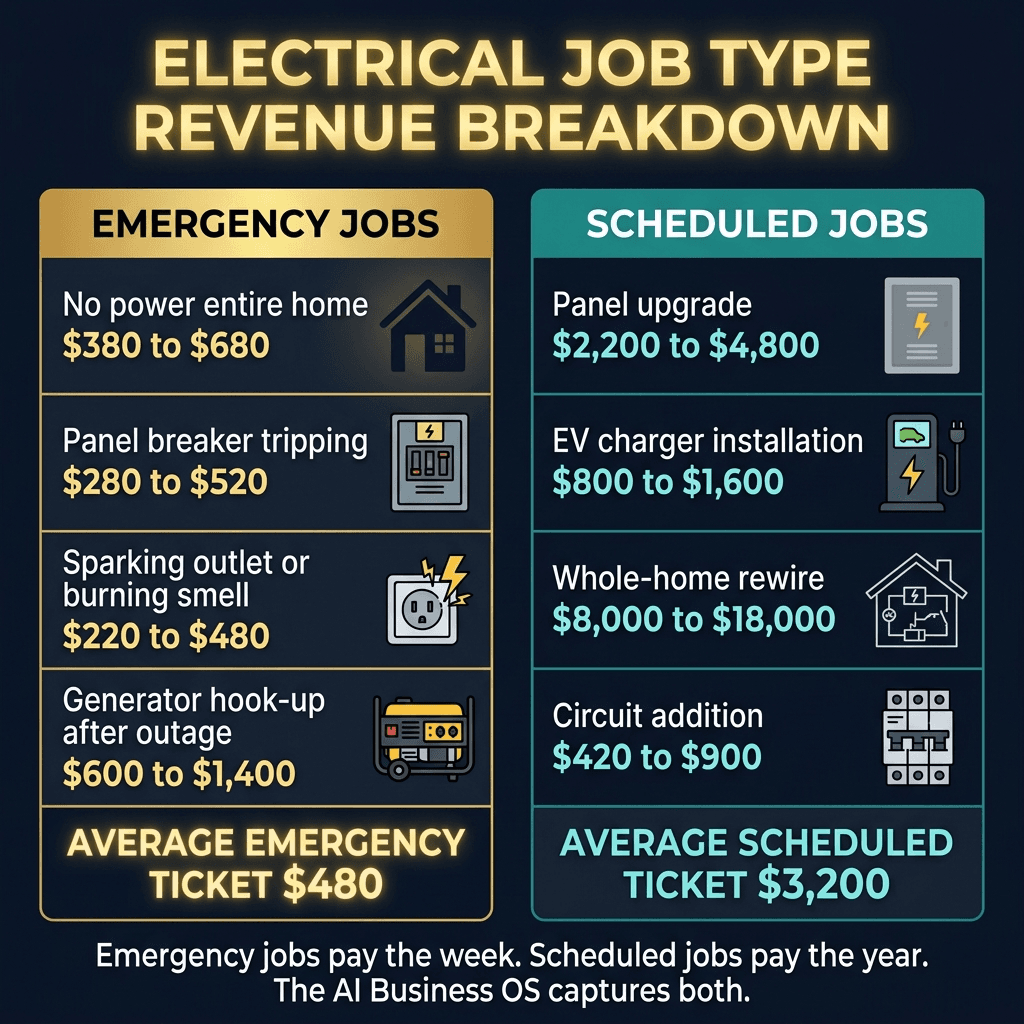 Electrical Job Type Revenue Breakdown — two columns. EMERGENCY JOBS (gold): No power $380-$680, Breaker tripping $280-$520, Sparking outlet $220-$480, Generator hook-up $600-$1,400. Average Emergency Ticket $480. SCHEDULED JOBS (teal): Panel upgrade $2,200-$4,800, EV charger $800-$1,600, Whole-home rewire $8,000-$18,000, Circuit addition $420-$900. Average Scheduled Ticket $3,200. Caption: Emergency jobs pay the week. Scheduled jobs pay the year.