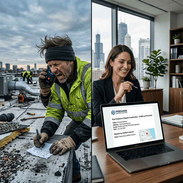 Split screen showing a roofer yelling into a phone on a windy flat roof, contrasted with a sharply dressed commercial property manager reviewing a digital AI dispatch brief in a corporate office.