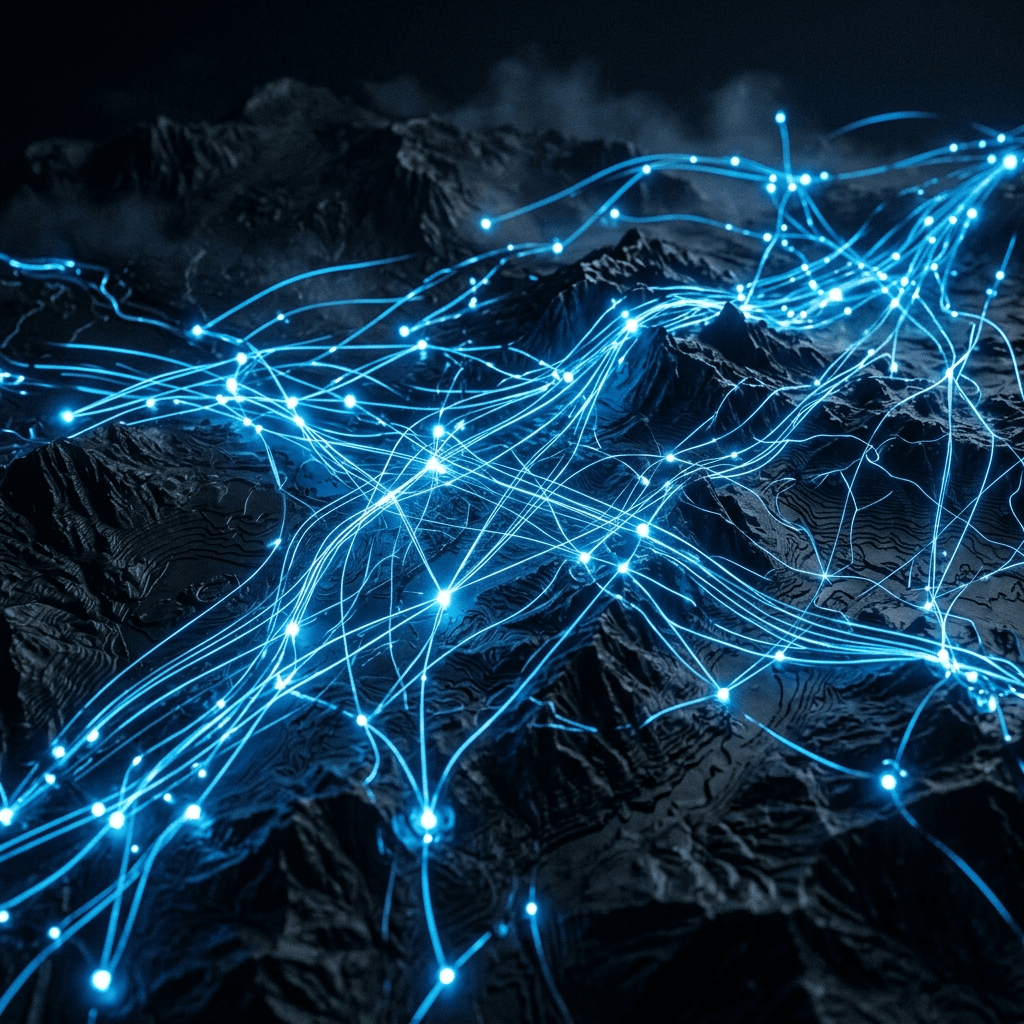Abstract logic map of brilliant blue network lines rapidly connecting dense logistics routes for appliance dispatch.