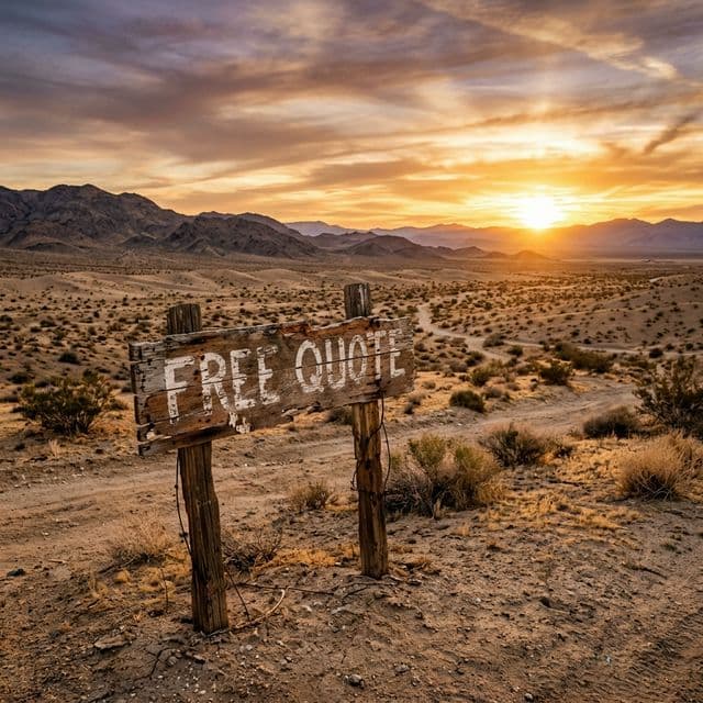 A cinematic wide shot of a desolate desert with a rusted sign that says FREE QUOTE, representing the low value of generic offers.