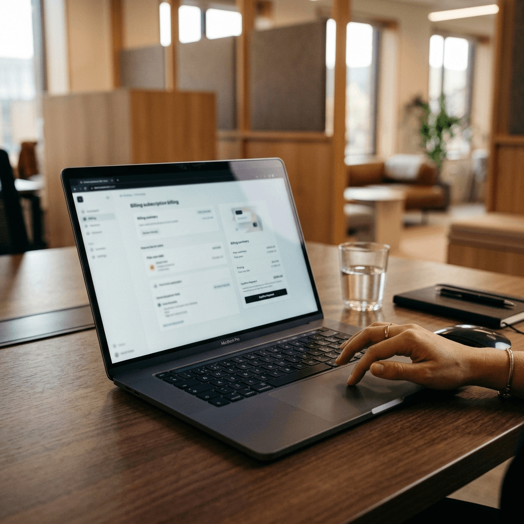 Service business owner reviewing AI receptionist pricing at their desk