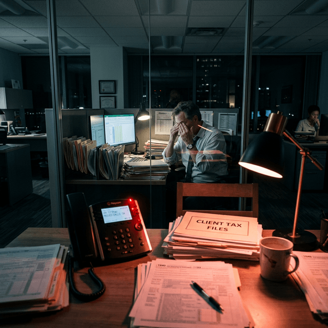 A late-night accounting firm office during tax season, showing an exhausted CPA in the background and a blinking voicemail light on a desk phone in the foreground