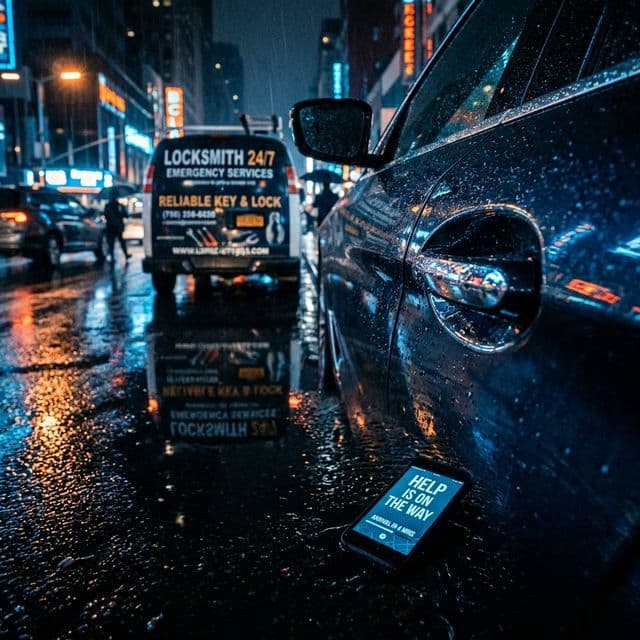 Rainy Night Lockout: Cinematic car handle reflection with help-arrival notification.