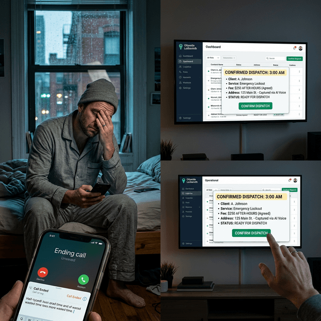 Split screen showing a frustrating 3 AM call for a tired locksmith owner vs a sleek AI dashboard confirming a $250 emergency dispatch agreement.