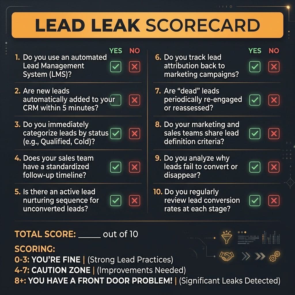 10-question lead leak scorecard for service businesses — yes/no checklist revealing front door gaps, scored 0-10 with thresholds for caution zone and front door problem