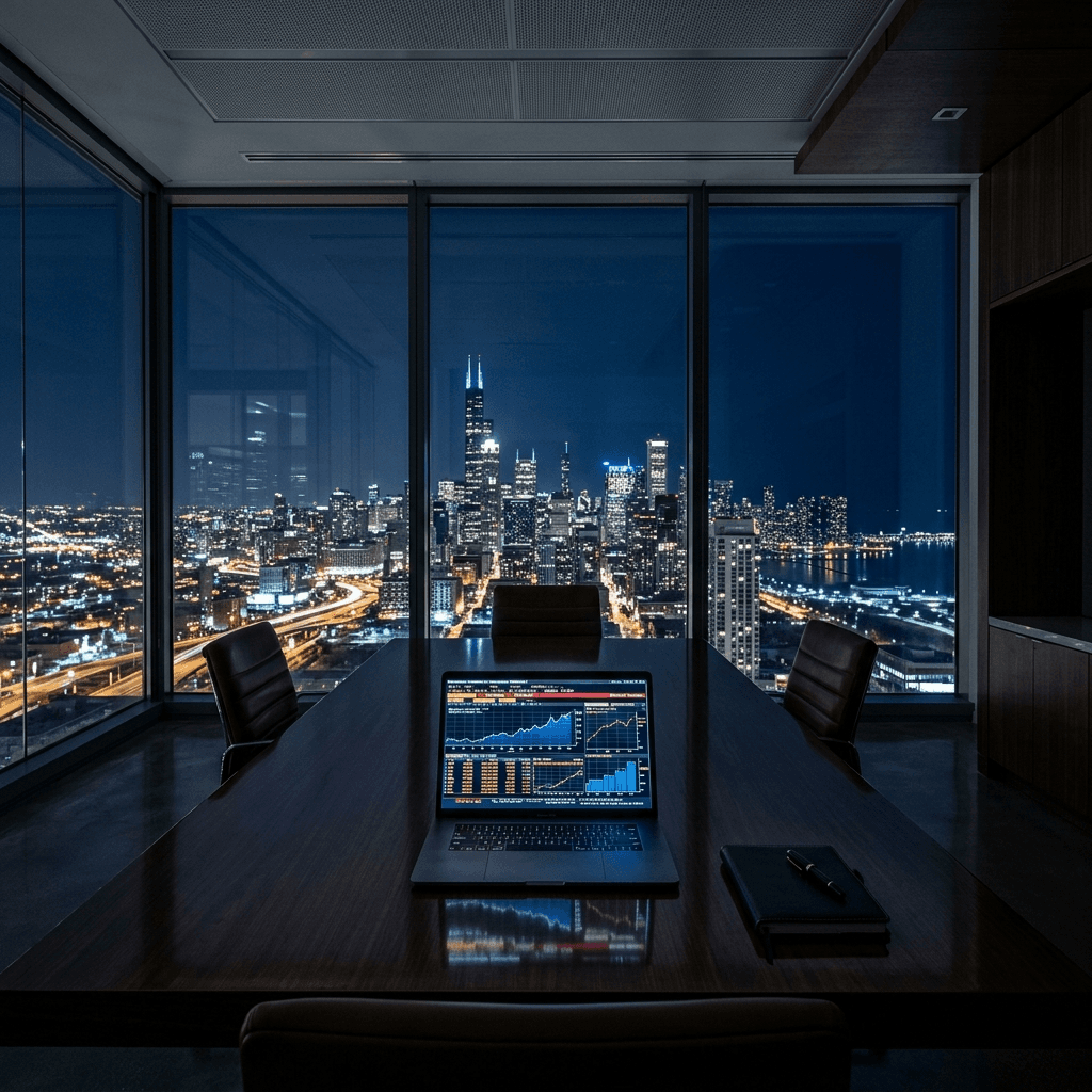 US city skyline at night seen from a dark office conference room — representing the competitive AI automation agency landscape across the United States