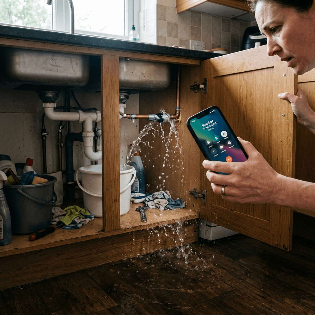 Homeowner crouching at open kitchen cabinet revealing a burst pipe actively leaking, holding smartphone calling for emergency plumbing help