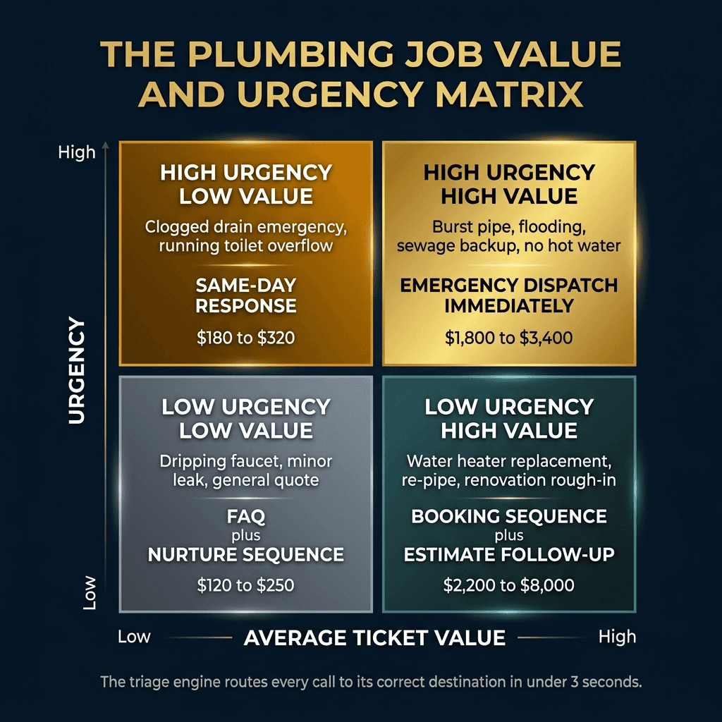 The Plumbing Job Value and Urgency Matrix — a 2x2 grid. Top-right gold: HIGH URGENCY HIGH VALUE (burst pipe, flooding, sewage backup) — Emergency Dispatch, $1,800-$3,400. Top-left amber: HIGH URGENCY LOW VALUE (clogged drain) — Same-Day Response, $180-$320. Bottom-right teal: LOW URGENCY HIGH VALUE (water heater replacement, re-pipe) — Booking Sequence, $2,200-$8,000. Bottom-left grey: LOW URGENCY LOW VALUE (dripping faucet) — Nurture Sequence, $120-$250.