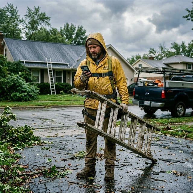 Natural photo of a roofer in rain gear managing storm leads on his phone