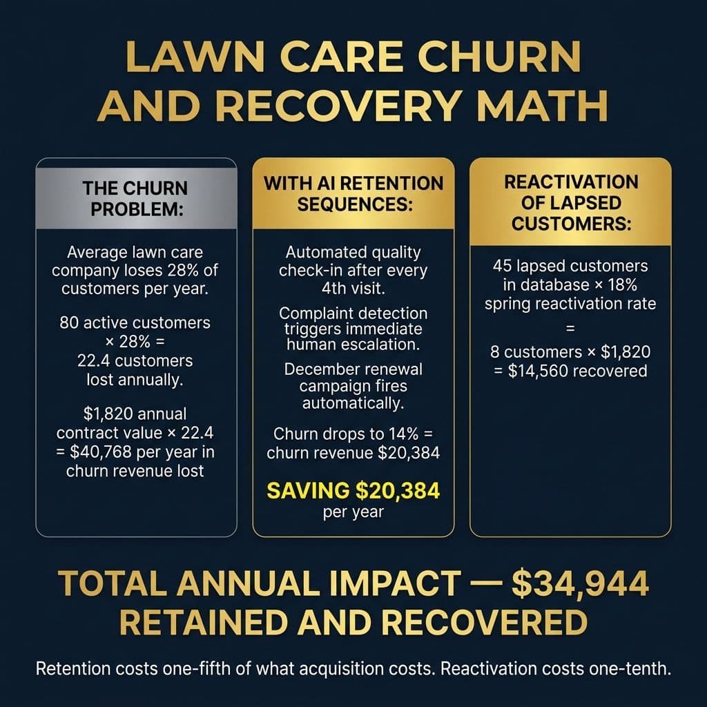 Lawn Care Churn and Recovery Math — 3 panels: The Churn Problem ($40,768/year lost), With AI Retention Sequences (churn drops 14%, SAVING $20,384/year), Reactivation of Lapsed Customers ($14,560 recovered). TOTAL ANNUAL IMPACT — $34,944 RETAINED AND RECOVERED.