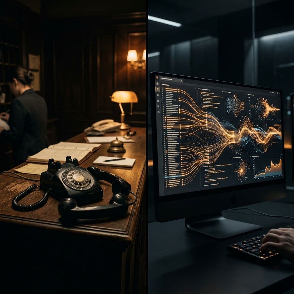Split comparison between traditional receptionist service and AI system — phone desk vs data-driven operations center