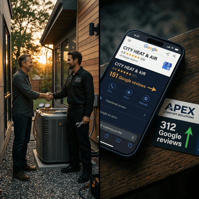Split scene: An HVAC technician shaking hands with a homeowner at golden hour beside a residential HVAC unit, next to a smartphone showing a Google Business Profile stalled at 151 reviews beside a competitor business card showing 312 reviews with a green upward arrow.