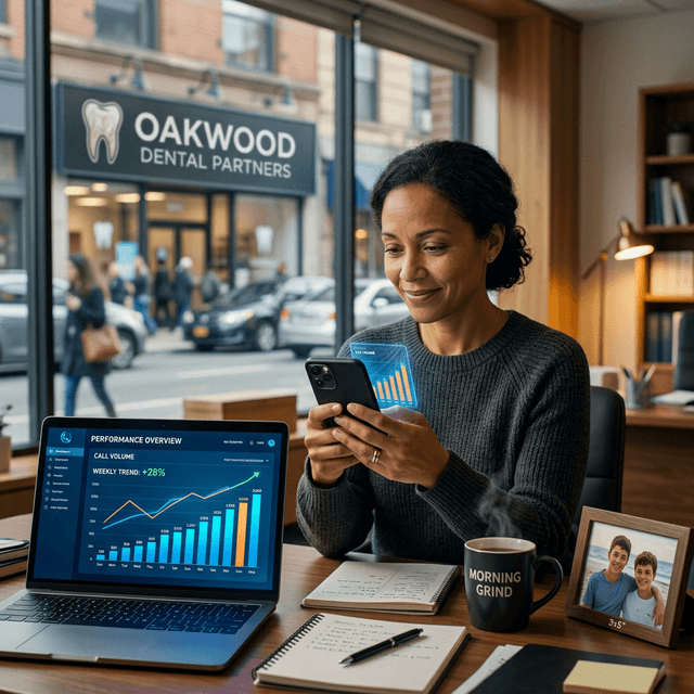 Small business owner reviewing call analytics dashboard showing upward weekly trend while sitting at her desk in front of her dental practice storefront