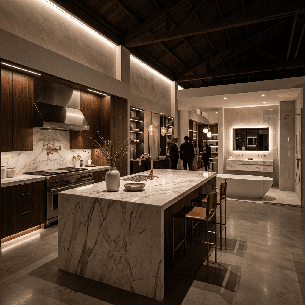 Cinematic visual of a pristine high-end kitchen and bath showroom representing luxury $50k remodeling lead quality.