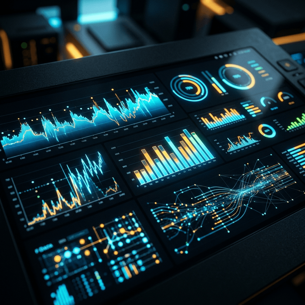 Cinematic macro close-up of a sleek modern analytics dashboard glowing with high-velocity operational metrics.