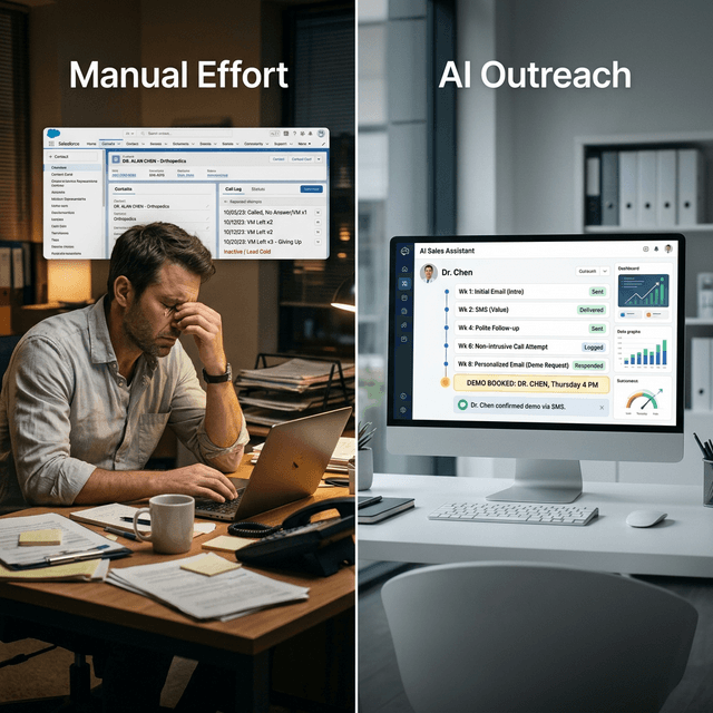 Split scene: A frustrated medical device sales rep looking exhausted after leaving three voicemails for a doctor. On the right, a clean AI dashboard showing a booked demo after an eight-week sequence of polite, non-intrusive automated follow-ups.