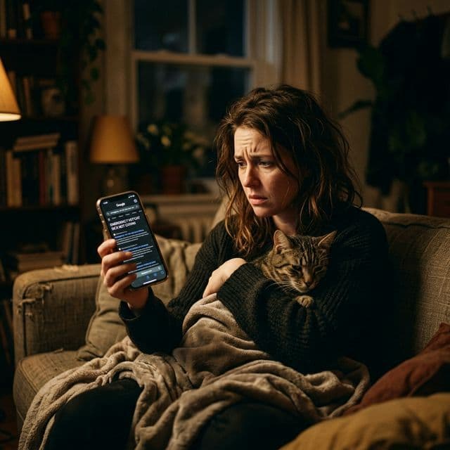 Cinematic low-light shot of a worried pet owner holding their sick cat at night
