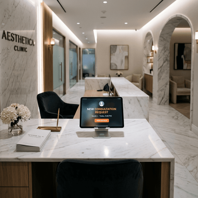An empty luxury medical spa reception desk with a glowing tablet showing a missed consultation request