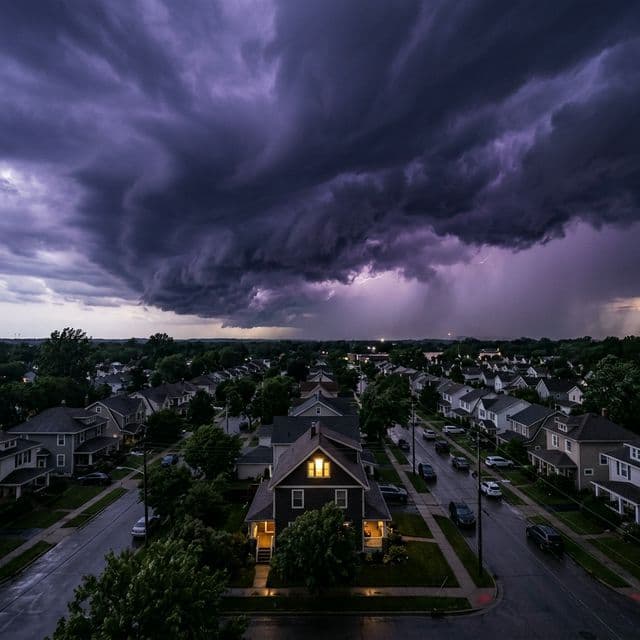Dramatic cinematic shot of a storm wall approaching a suburban neighborhood