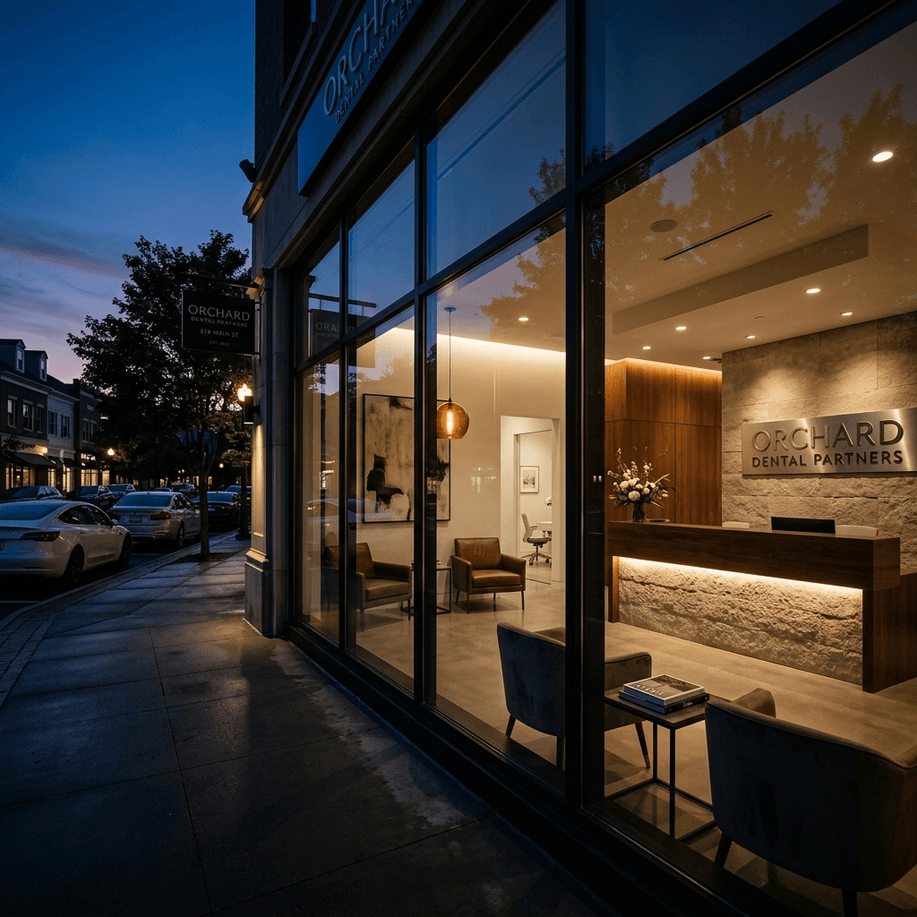High-fidelity cinematic shot of an upscale US dental clinic reception at dusk