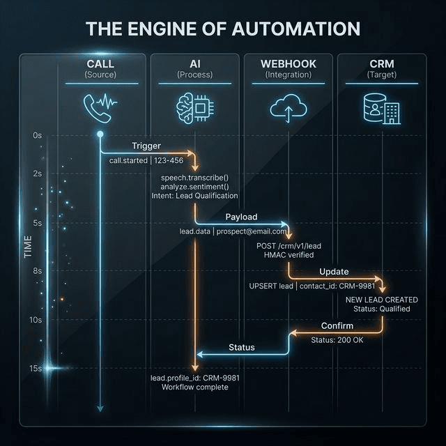 Technical: Sequence diagram showing the automated flow from call to CRM via Webhooks