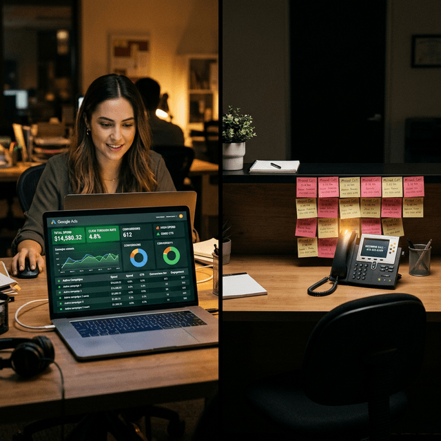Split image showing a marketer reviewing a high-spend Google Ads dashboard on the left, while on the right an empty desk has a ringing phone and a wall covered in missed call sticky notes