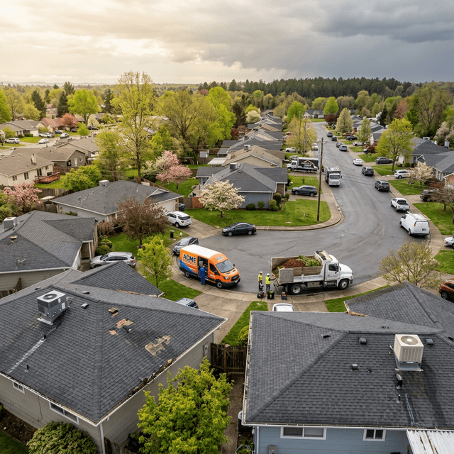 Aerial view of a suburban neighborhood in spring showing HVAC units, a storm-damaged roof, and service vans on the street representing the peak seasonal demand surge