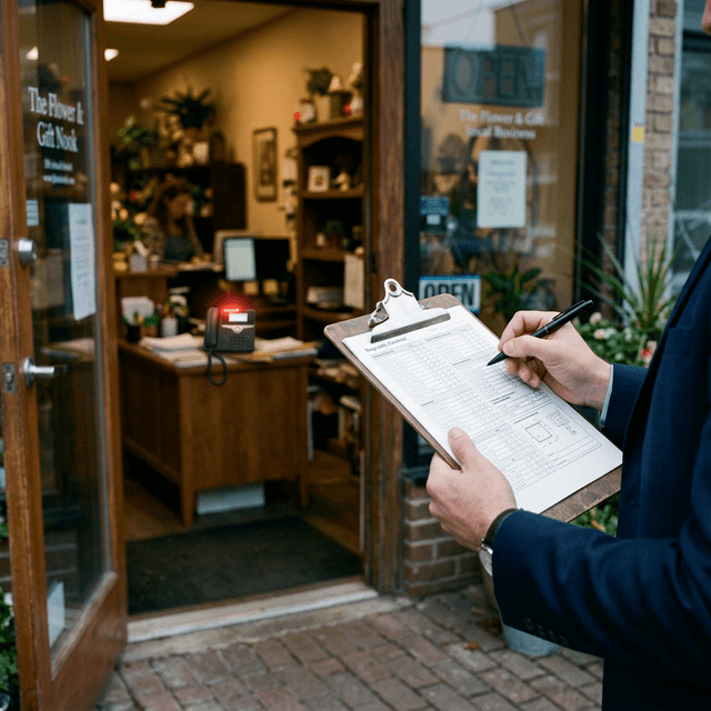 A consultant holds a diagnostic checklist on a clipboard at the entrance of a small business, with a ringing phone visible on the reception desk behind them