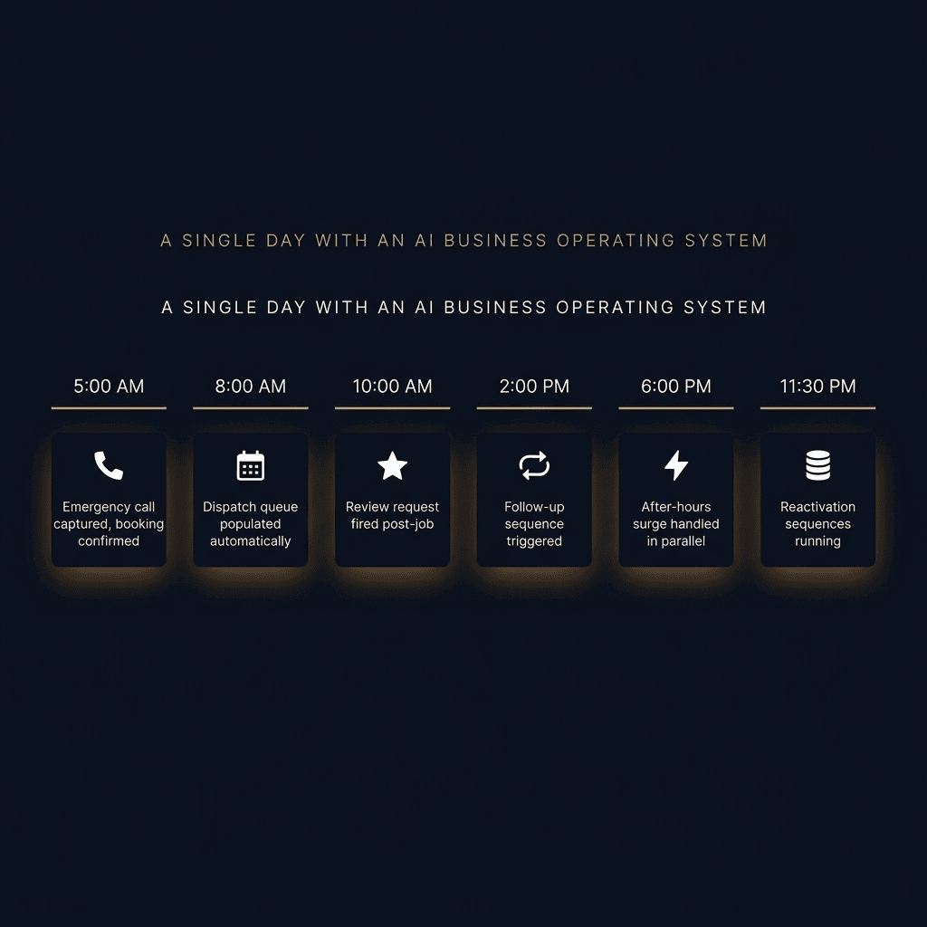 A Single Day With an AI Business Operating System — a timeline from 5 AM to 11:30 PM showing six automated actions: emergency call captured at 5 AM, dispatch queue populated at 8 AM, review request at 10 AM, follow-up triggered at 2 PM, after-hours surge handled at 6 PM, reactivation sequences running at 11:30 PM