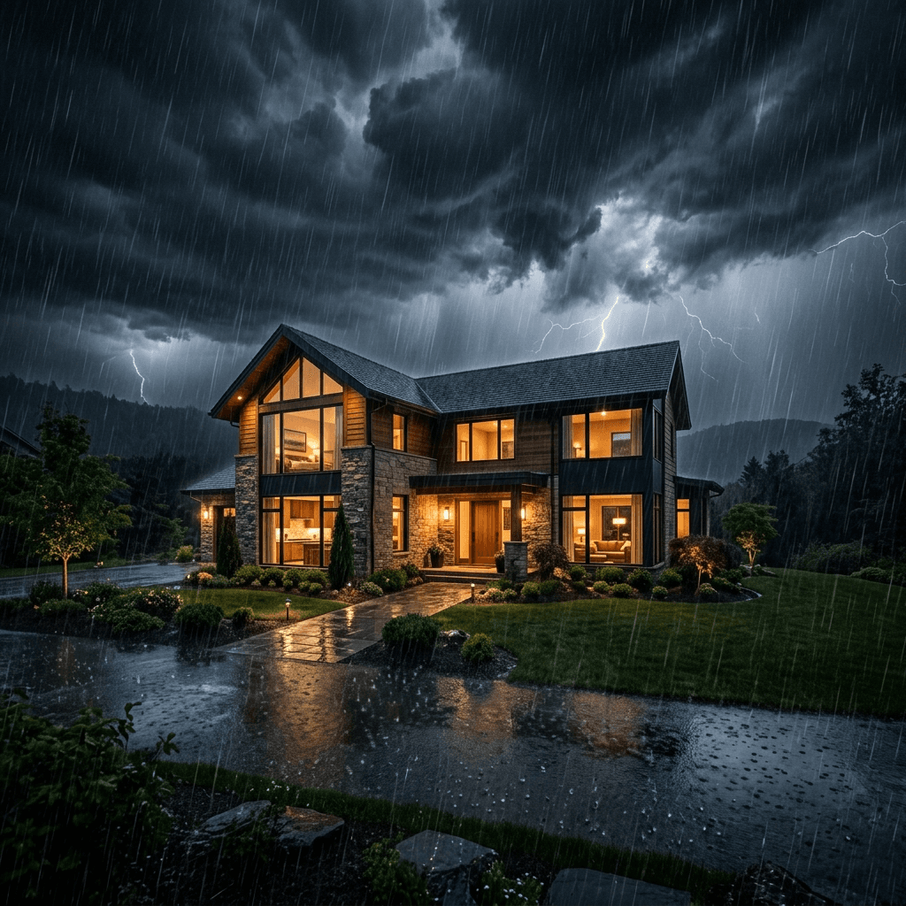 Cinematic wide shot of a beautiful warmly illuminated high-end residential home sitting safely intact during a massive dark rainstorm.