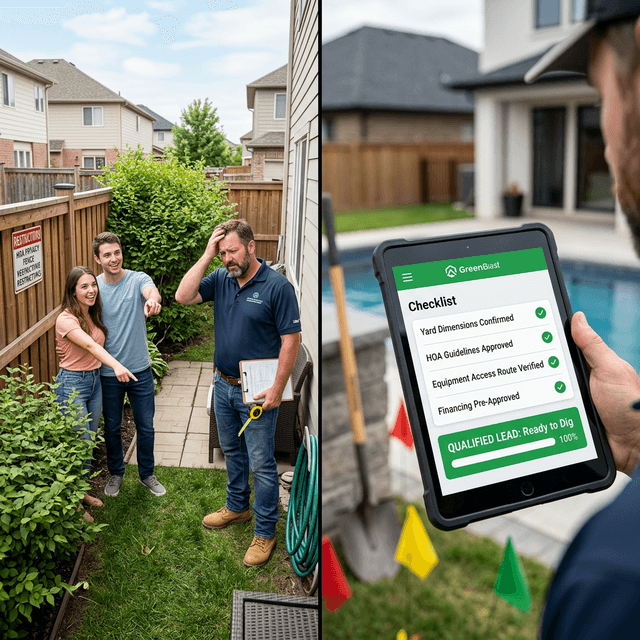 Split scene: A frustrated pool contractor in a tiny HOA-restricted suburban backyard with an excited couple pointing at unusable space. On the right, an AI qualification checklist flagging yard dimensions, HOA approval, equipment access, and financing as all confirmed green - Ready to Dig.