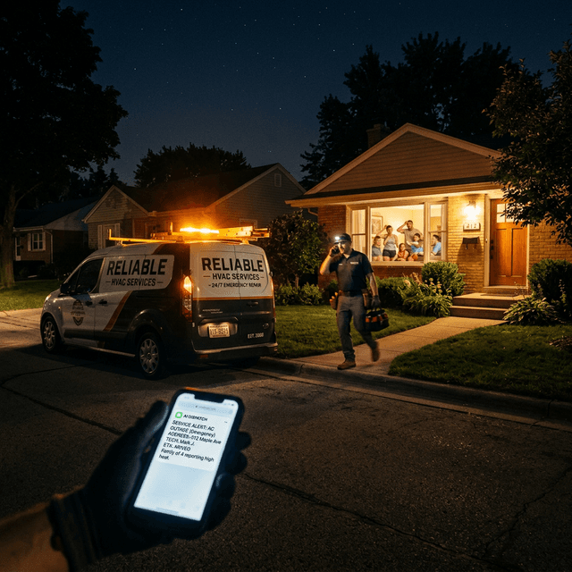 HVAC technician arriving at a suburban home at night as a family watches from the window with an AI dispatch notification visible on a smartphone in the foreground