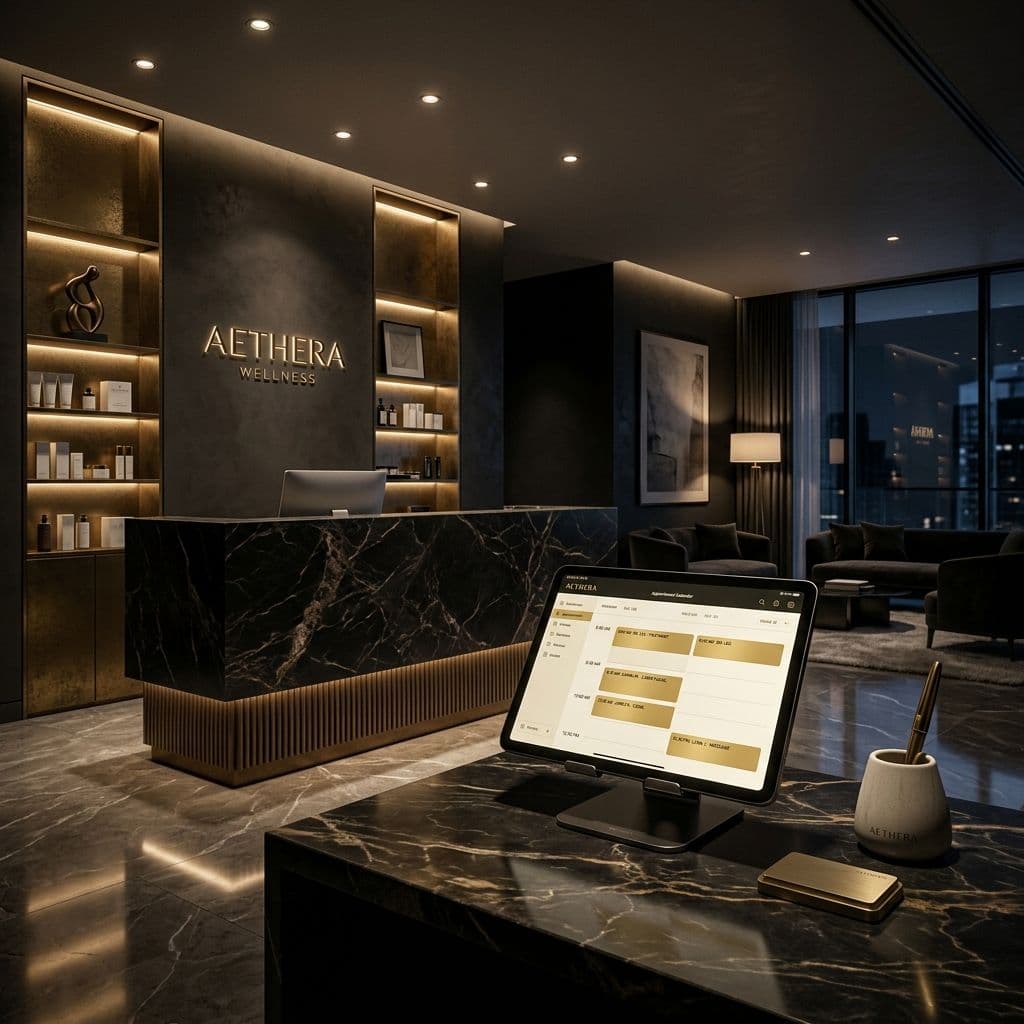 Cinematic dark editorial photograph of a premium medical spa reception desk at night