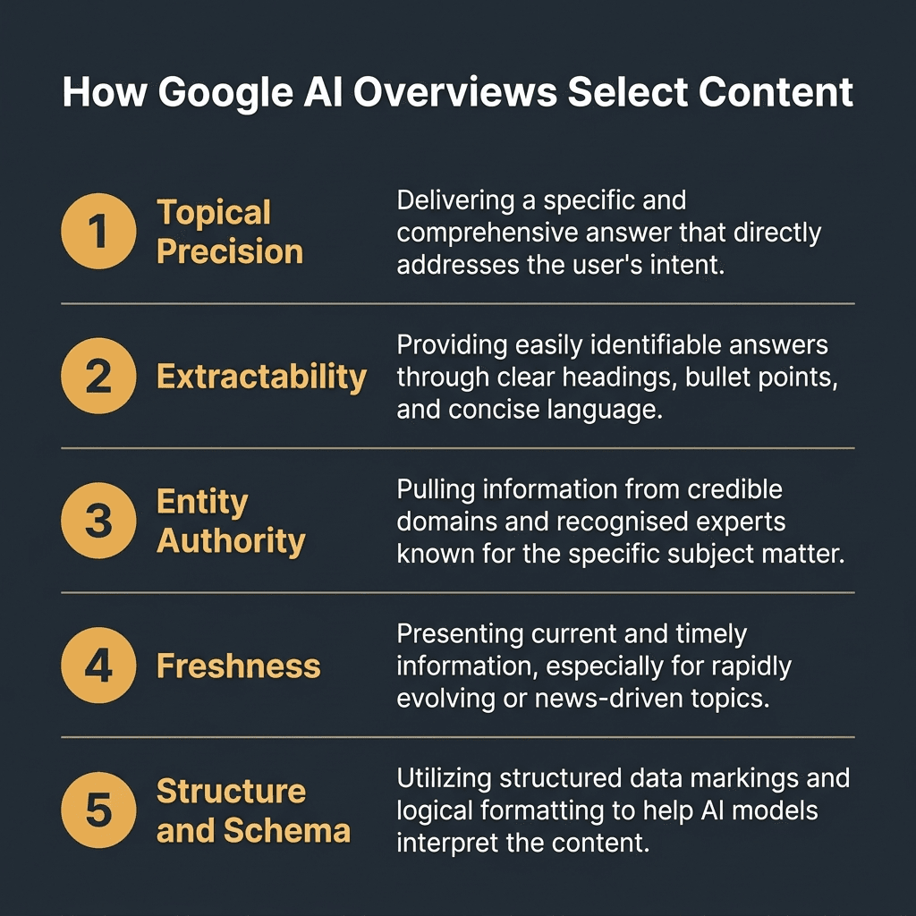 Five criteria Google AI Overviews use to select content: topical precision, extractability, entity authority, freshness, and schema structure