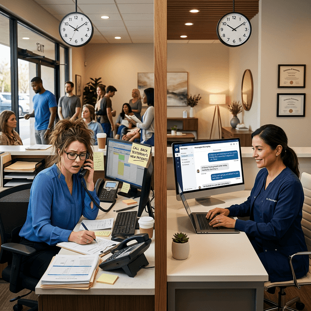 Split scene: A frantic chiropractic front desk with a "Call Back Yesterday's New Patients" sticky note that never gets actioned. On the right, a calm AI dashboard sending automated personalized Day-2 wellness check-ins that convert patients to care plans.
