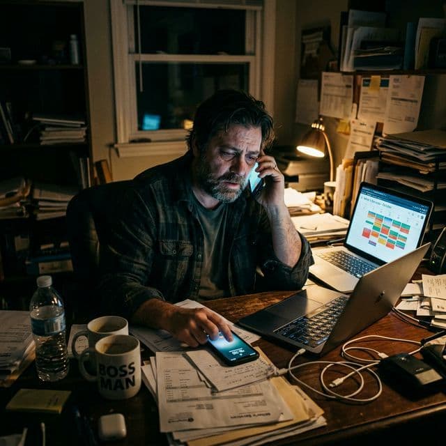 Exhausted service business founder at a cluttered desk late at night, phone to ear, laptop open with a packed calendar, invoices everywhere, looking trapped by the success of his own business.