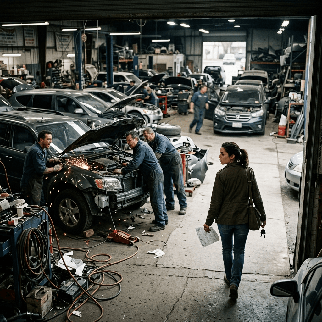 Cinematic photograph of a customer walking away from a chaotic auto body shop ignored by staff representing post-estimate shop hopping.