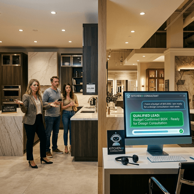 Split scene in a high-end kitchen and bath showroom: A frustrated consultant wasting Saturday on window-shoppers checking price tags, versus an AI interface that has just green-lit a qualified lead with budget $65K confirmed.