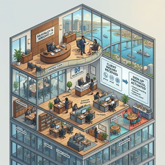 San Diego Law Firm Intake: 3D visualization of the automated inquiry-to-client protocol.